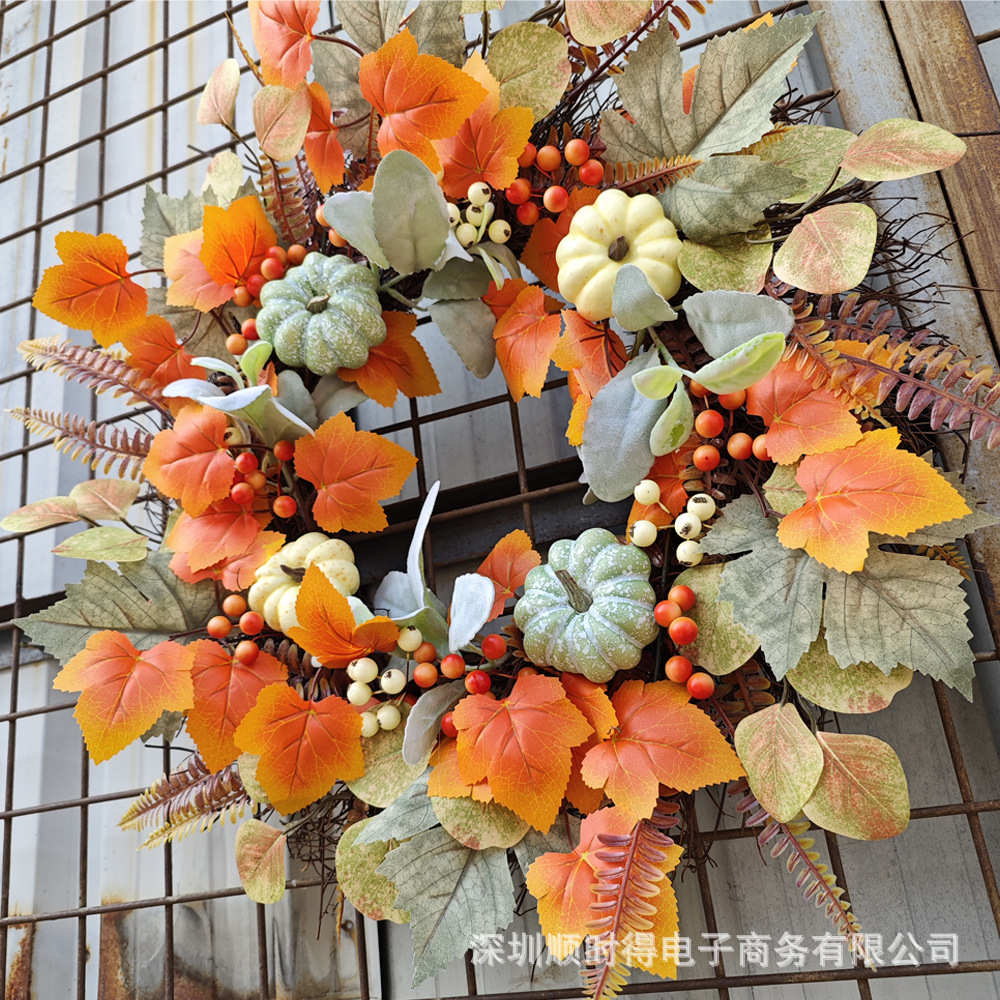 新品丰收节枫叶花环秋季南瓜丰收节花圈壁饰门挂饰秋季