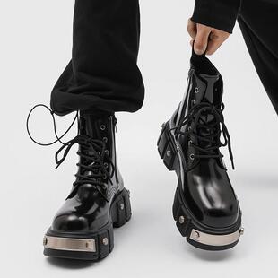 休闲皮鞋 7cm高级感高帮工装 英伦风小众厚底鞋 香港真皮马丁靴男士