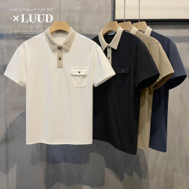 LUUD 时尚撞色拼接翻领Polo衫短袖夏季日系口袋款宽松T恤男