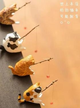 新款仿真摆件猫咪钓鱼治愈系公仔创意可爱小摆件