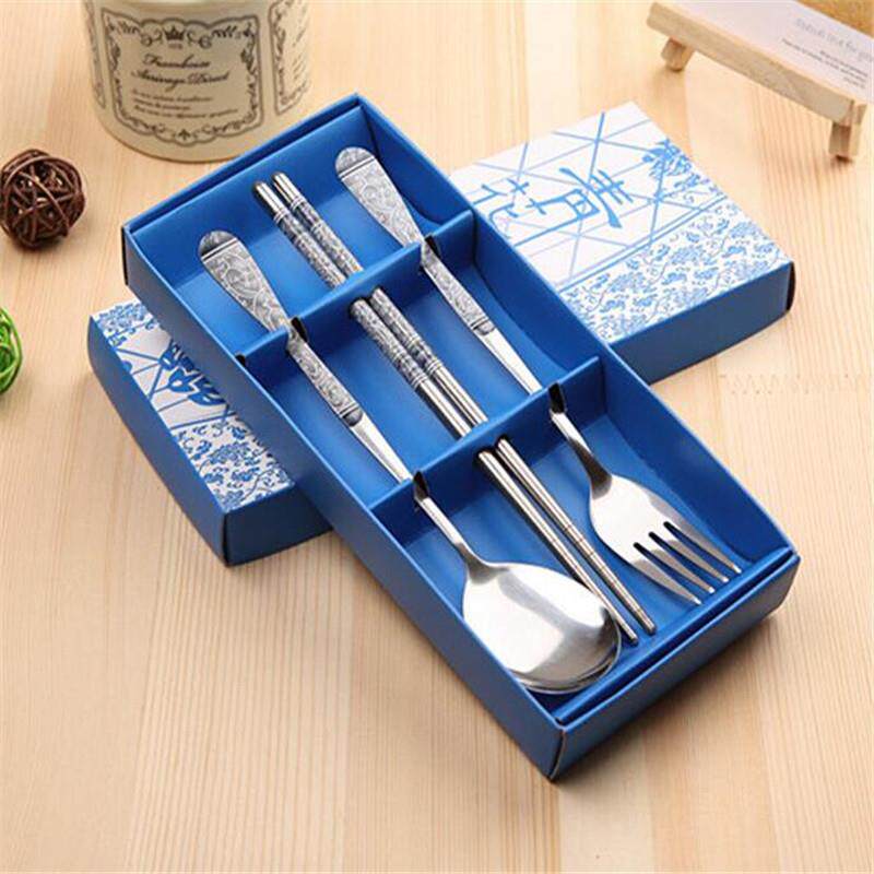 Blue and White Porcelain Set Stainless Steel Fork, Spoon, an
