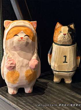 复古旧手做工木50625182雕猫品咪件木质雕刻治愈系摆创意室内桌面