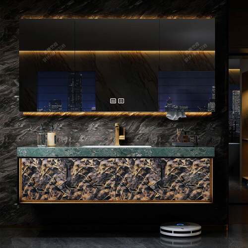 酒店风浴室柜组合岩板无缝陶瓷一体盆卫生间洗漱台洗手池洗脸盆柜