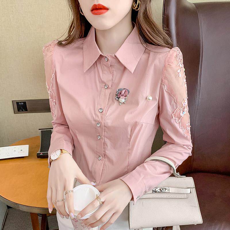 香港TIMO春季女刺绣衬衣洋气花边拼接上衣镂空设计感纯色长袖小衫