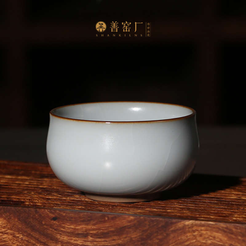 善窑厂李善明善款月白釉茶杯 禅定杯 开片可养高温汝瓷汝窑主人杯