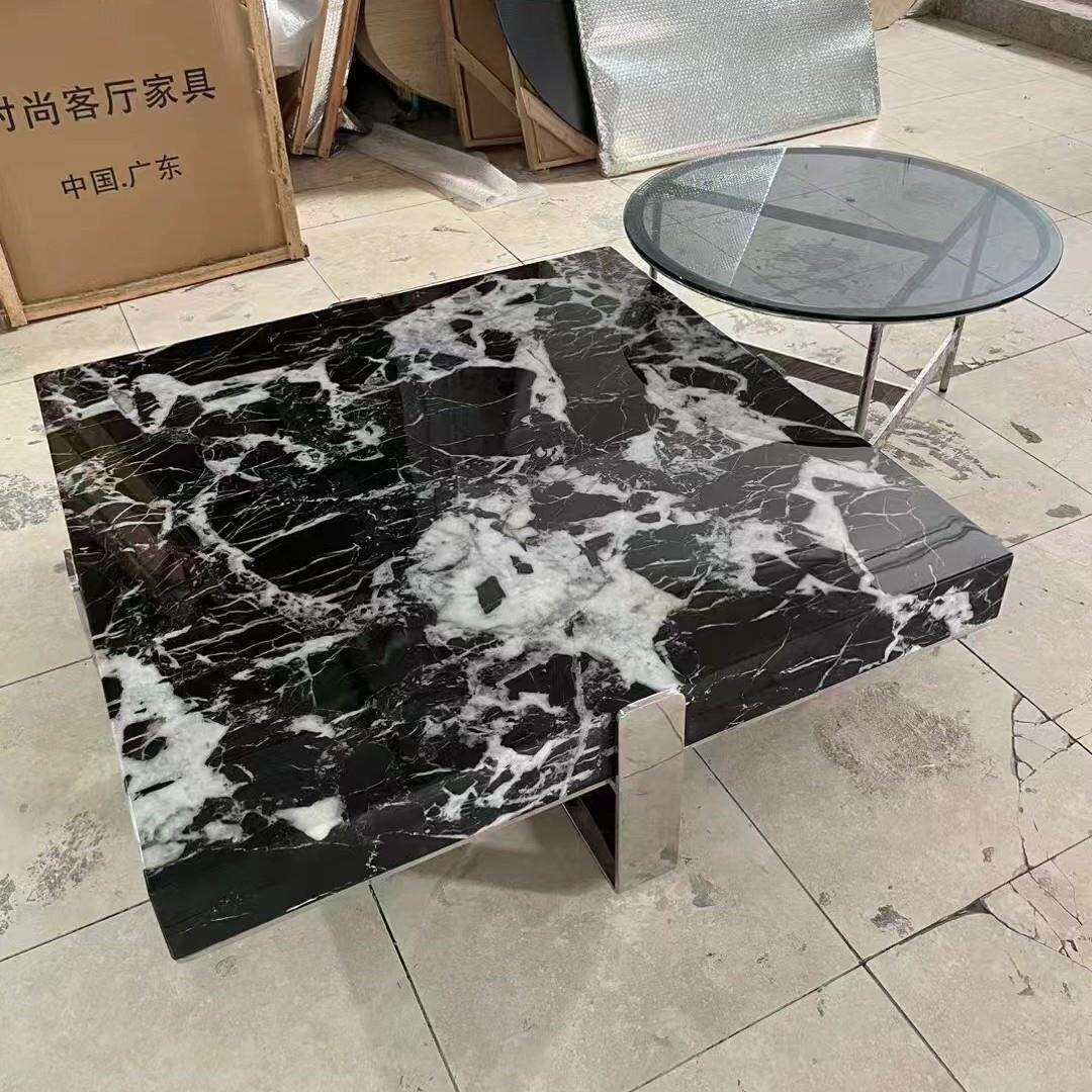 客厅家用设计师大理石正方形茶几玻璃边几组合大小户型正方形茶几