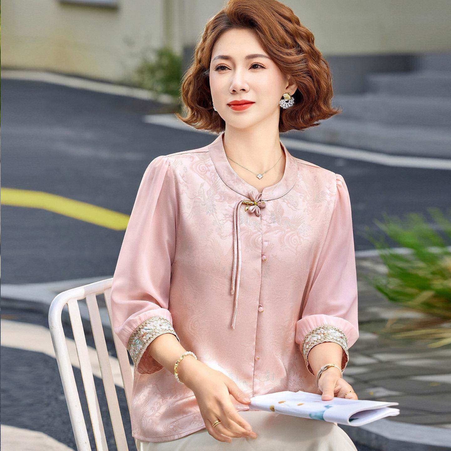 国风中年衬衫女开衫夏装桑蚕丝100%两件套妈妈绣花真丝立领上衣薄