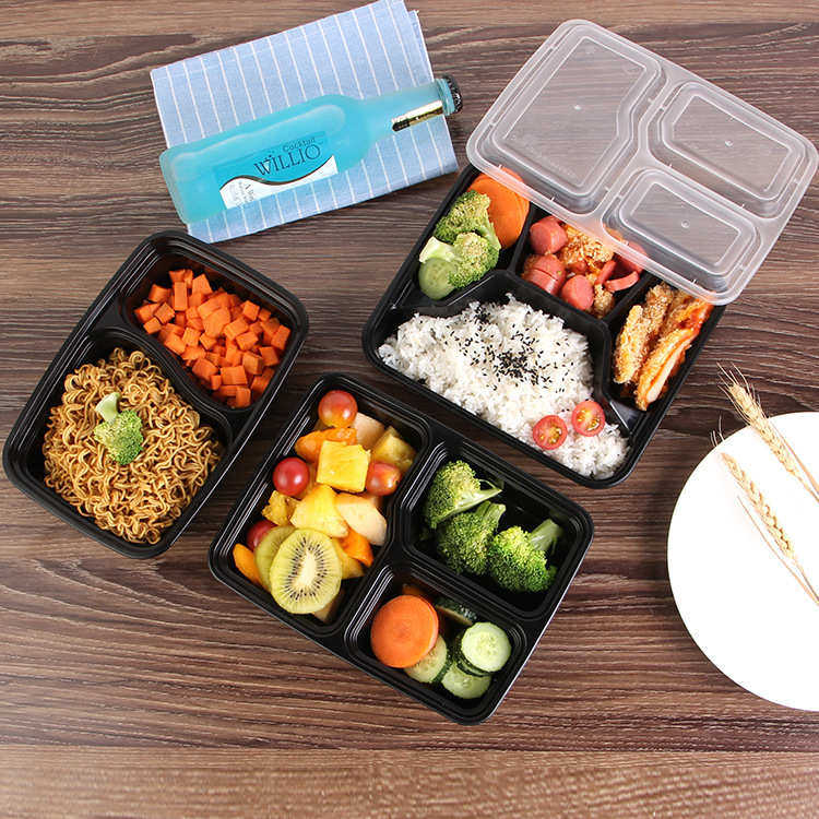 美式1000ml三格饭盒塑料圆形方形四格多格批发一次性打包盒快餐盒
