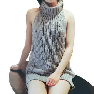 2025春秋季性感露背毛衣高领无袖针织套头上衣 少女团子cos1369-1