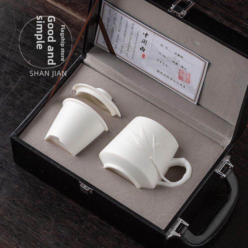 羊脂玉茶杯茶水分离带盖过滤家用办公室领导白瓷水杯高端茶道杯子
