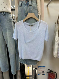 纯色简约短袖针织t恤女2024夏季套头，设计感假两件休闲上衣潮
