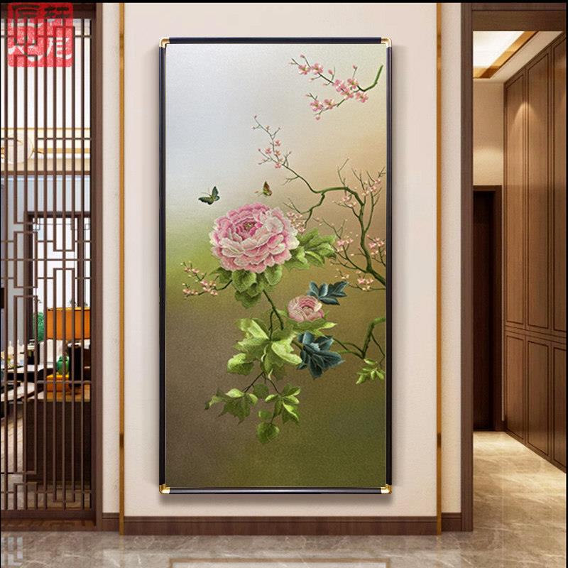 玄关挂画牡丹装饰画富贵同春玄关挂画新中式苏绣轻奢迎门过道成品