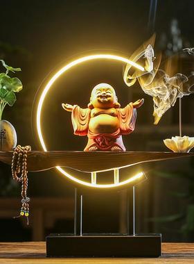 正品招财弥勒佛件陶瓷笑摆佛创中意带灯光新式禅意客厅玄关公办室