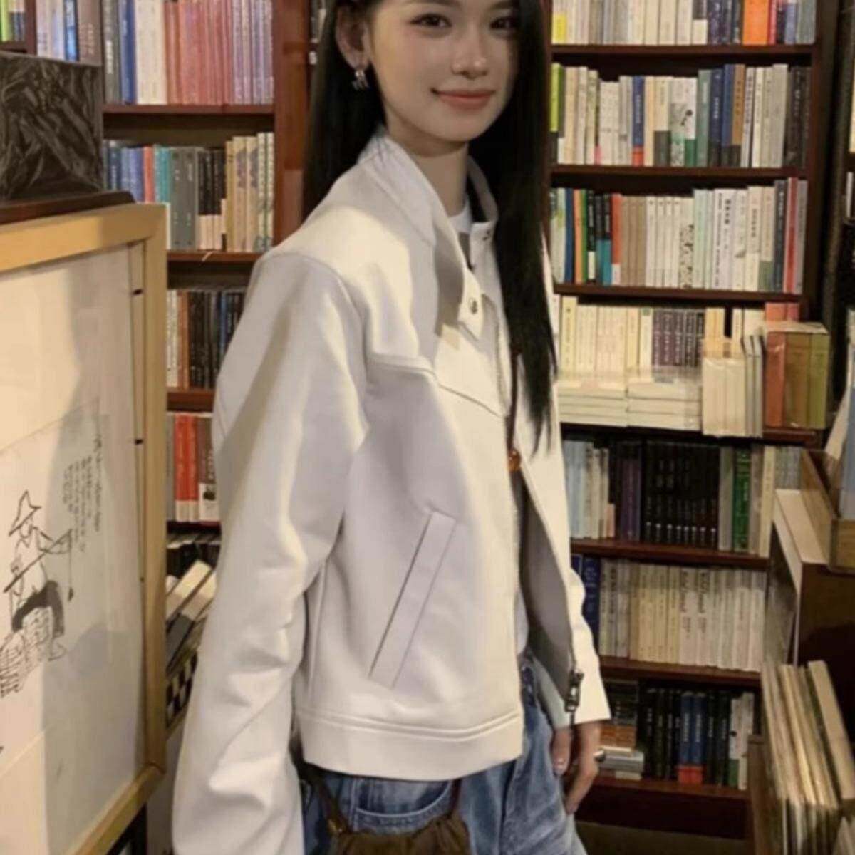 LEADINGLADY 韩系白色皮衣外套女短款宽松气质酷飒休闲黑色夹克