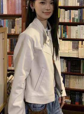 LEADINGLADY 韩系白色皮衣外套女短款宽松气质酷飒休闲黑色夹克