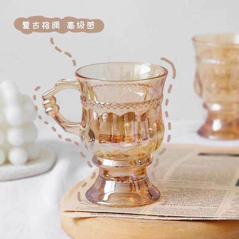 复古琥珀色玻璃杯浮雕杯子迷你高脚把手高档茶杯香槟杯甜品咖啡杯