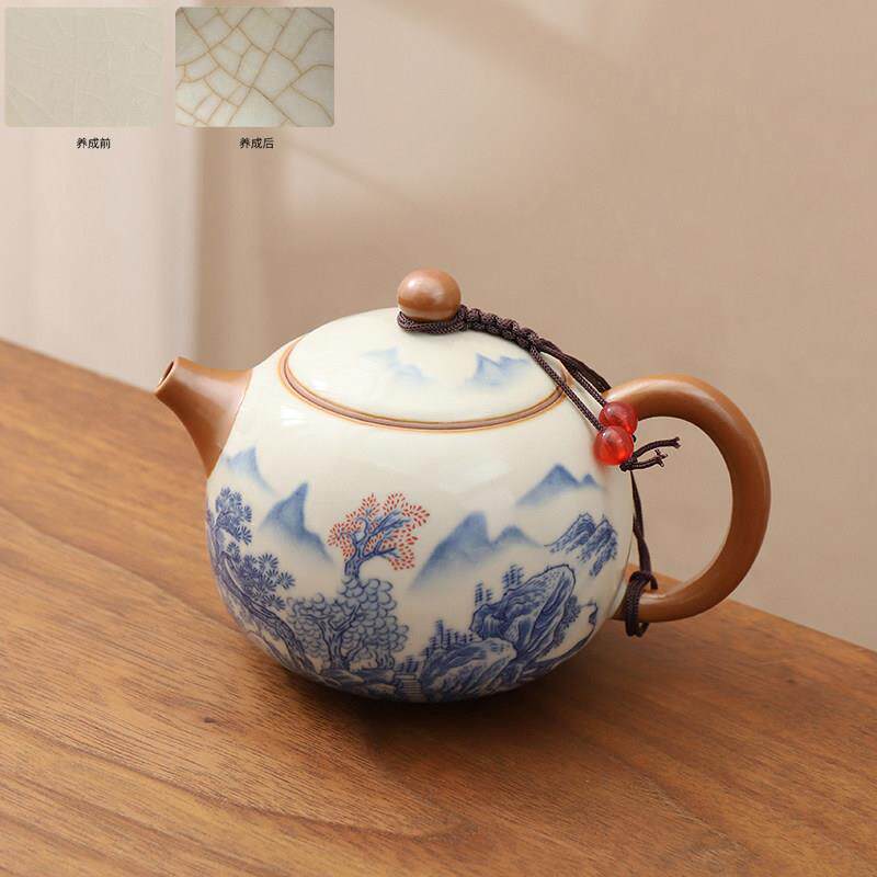 米黄汝窑盖碗手抓壶茶碗陶瓷小茶壶冰裂纹养生西施壶功夫茶具单壶