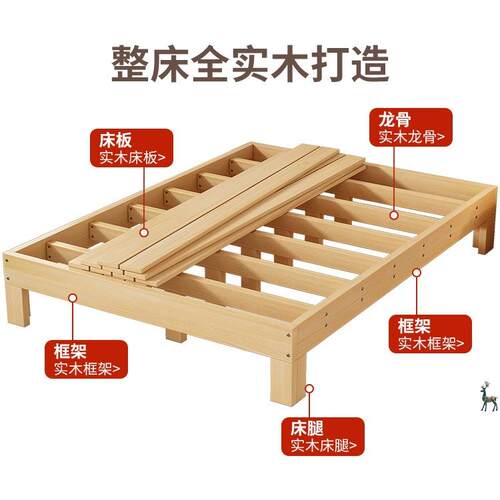 全实木床无床头1米5单人1米2出租房现代简约易榻榻米成人1米8双人