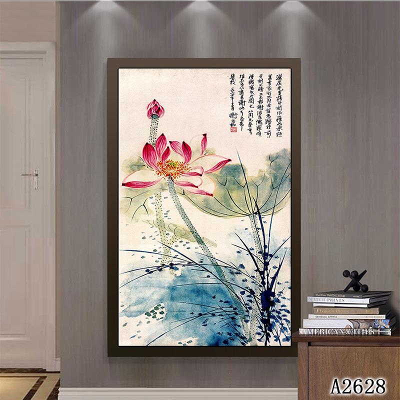 中式竖版入户玄关装饰画帆布画画芯跨境爆款客厅书房国画水墨荷花
