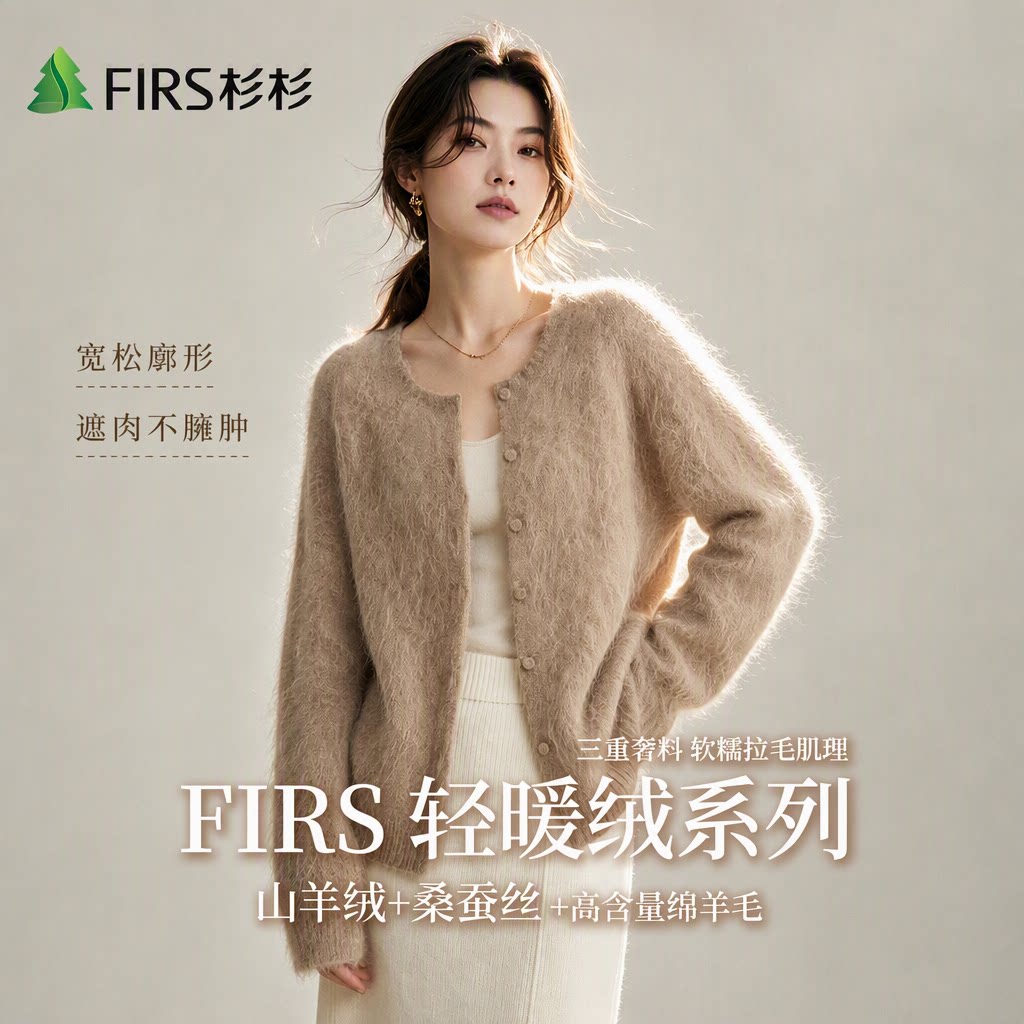 杉杉旗舰店【轻暖绒系列】山羊绒桑蚕丝绵羊毛秋季女宽松软糯外套
