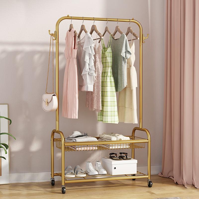 落地立式衣帽架家用卧室晾衣收纳带筐衣服架子阳台可移动挂衣架