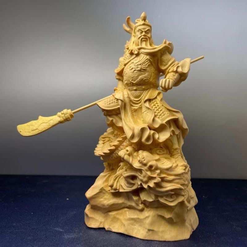 关二爷木制摆件黄杨木雕摆件车关公武财神关羽工艺品御龙义薄云天