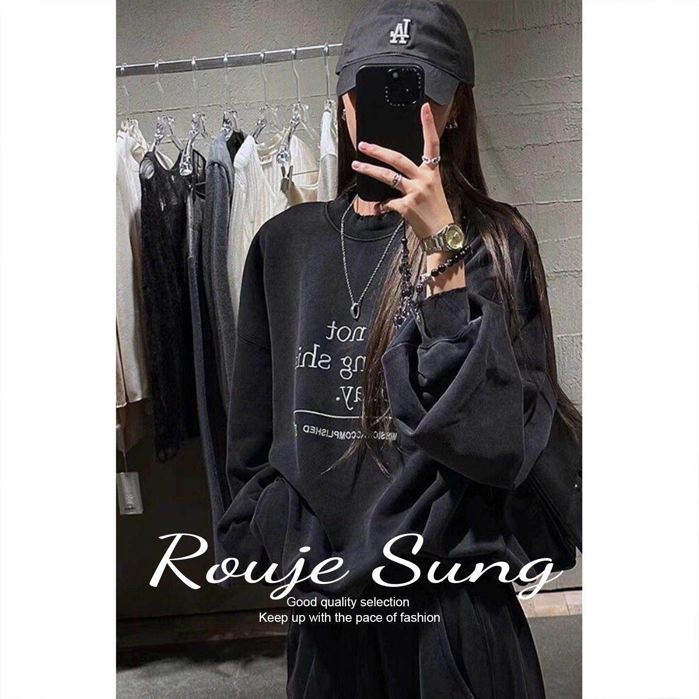 ROUJE SUNG美式做旧水洗黑色圆领卫衣女春秋宽松超好看显瘦上衣潮