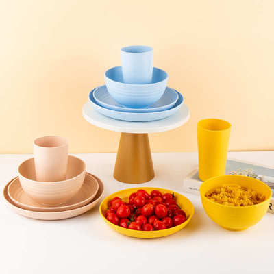 24PCS餐具套装可印字塑料碗碟盘杯光面竖纹组合直供