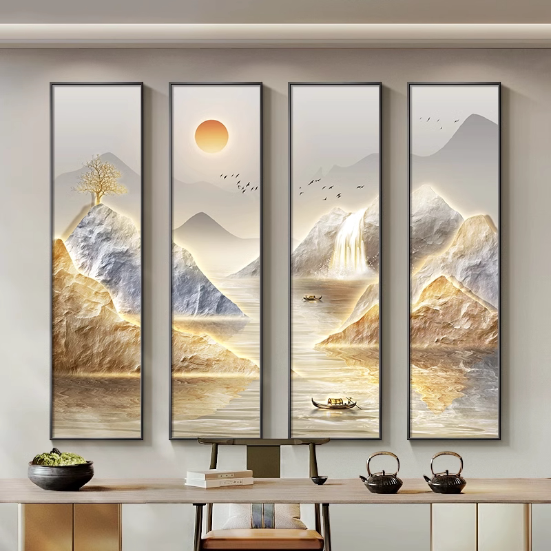 流水生财茶室挂画新中式禅意山水客厅沙发背景墙装饰画办公室壁画