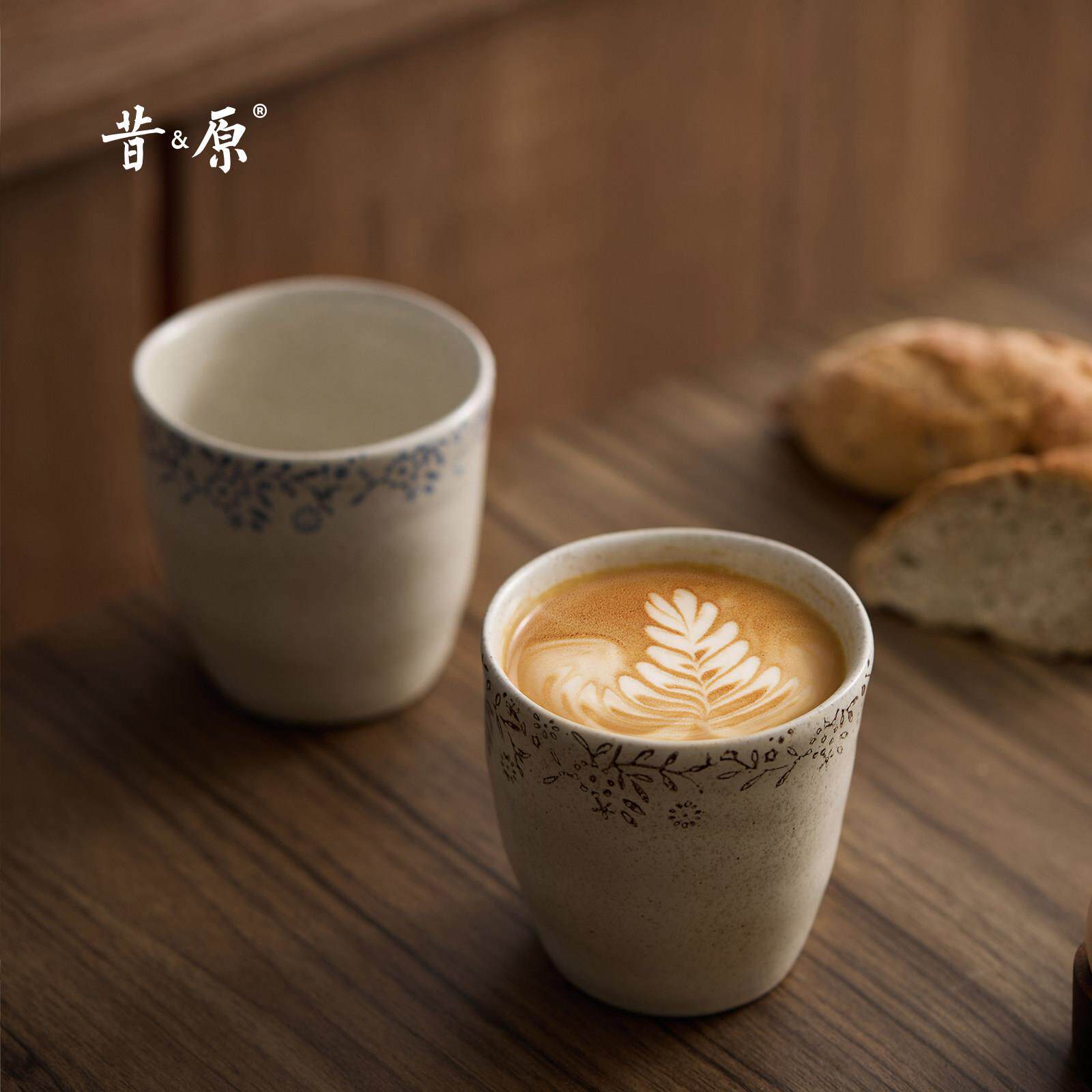 昔原 手绘花边凡花手握杯 复古咖啡杯挂耳拿铁拉花杯 陶瓷水杯