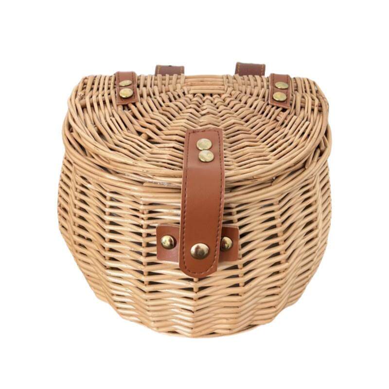 大唛藤编柳编复古儿童自行车车筐置物篮车篓带盖菜篮车把篮前筐子