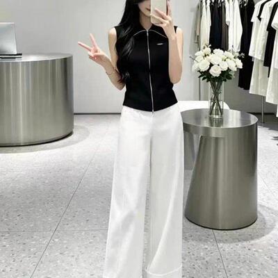艾诺丝2026夏季新款黑色翻领无袖双拉链开衫修身针织衫BR802277