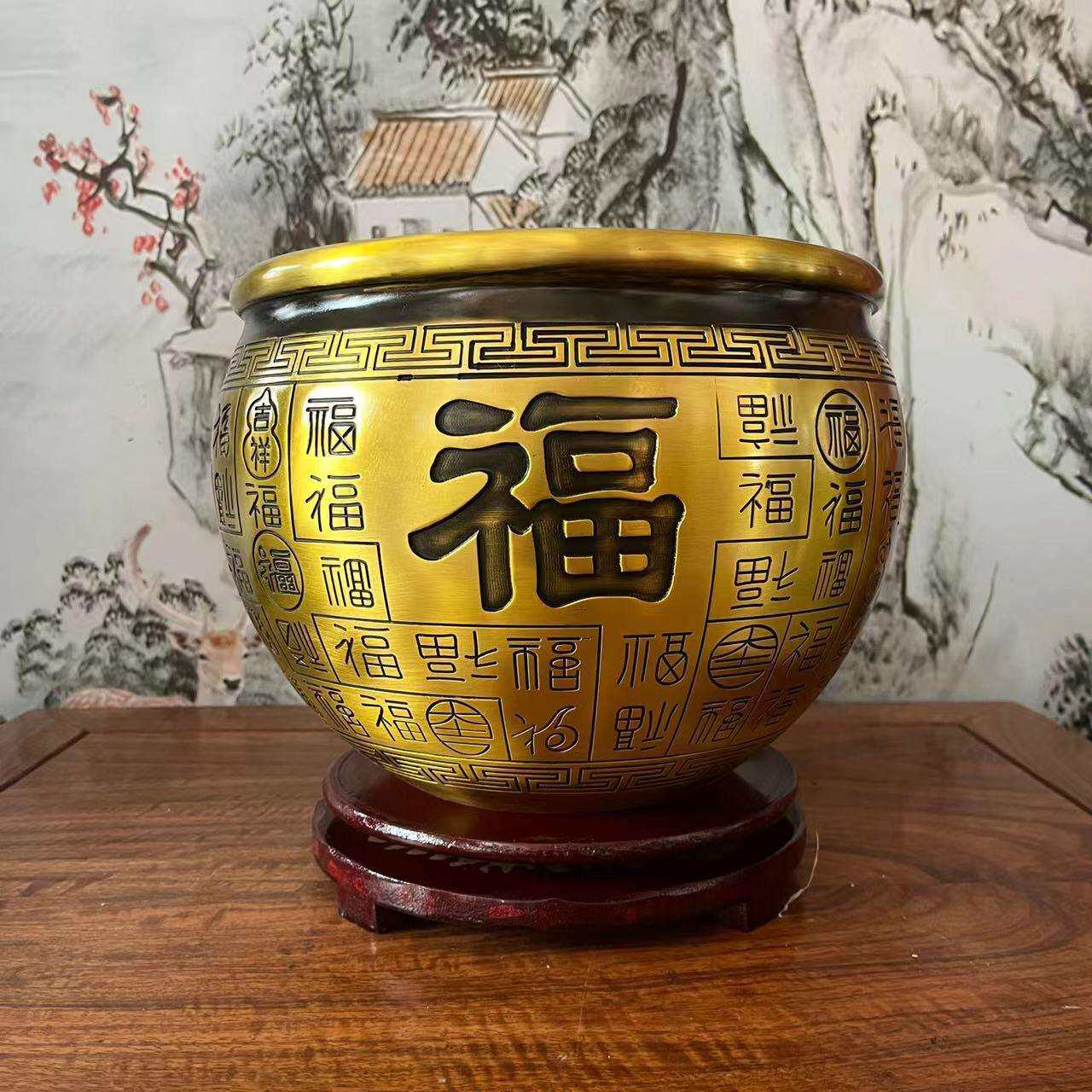 纯铜特大百福招财缸家居生活摆件桌面玄关办公桌高档摆件