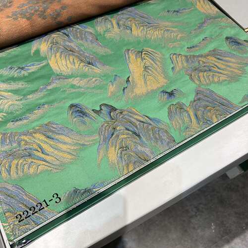 门幅280cm定宽新中式绿色黄色色织提花山水年年有鱼图案提花布