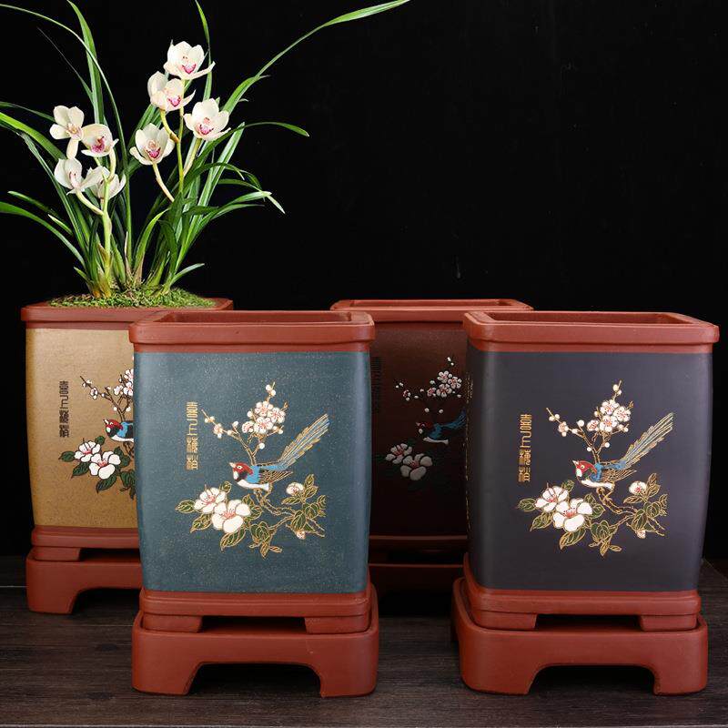 紫宜兴砂兰花盆大号盆陶彩瓷四方手301工点君子兰蝴蝶兰客厅景盆