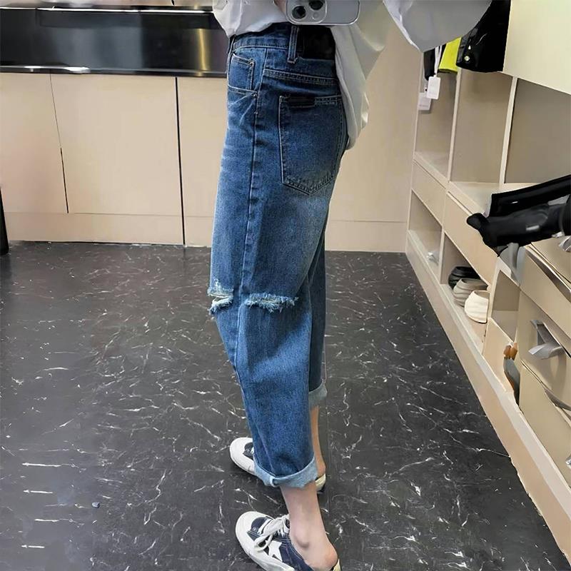 大码高腰直筒破洞牛仔裤女2025夏季新款胖mm宽松显瘦韩版九分裤子