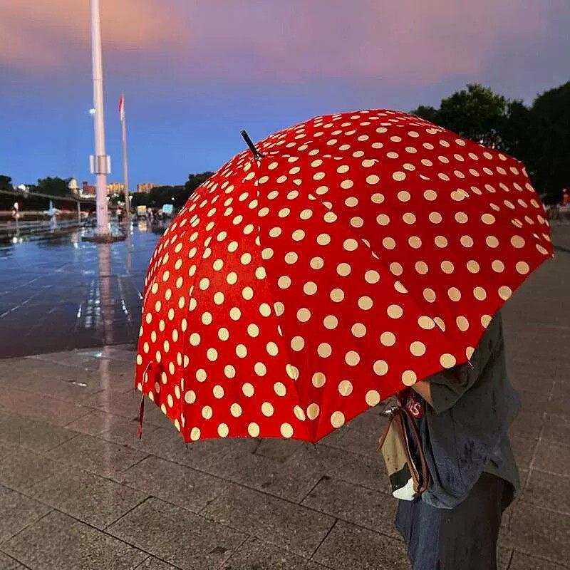 红色波点雨伞高颜值氛围感复古风加大加厚折叠雨伞出游直杆长柄伞