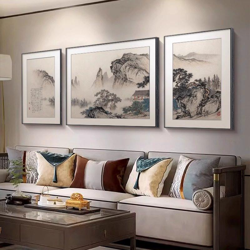 山水画客厅装饰画新中式靠山图三联画组合壁画禅意沙发背景墙挂画