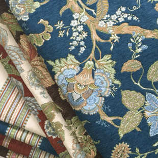 欧美古典提花沙发餐椅面料雪尼尔花卉条纹家居装 饰布料幅宽1.45米