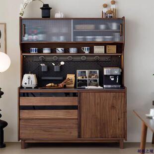 北欧餐边柜黑胡桃木边柜家用餐厅家具实木一体吧台靠墙茶水柜高柜