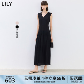 LILY2024夏女装设计感学院风百褶气质V领通勤长款高腰连衣裙