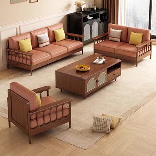 中古风实木沙发组位合家用客厅法式 全实框木架人直排 小户型9902