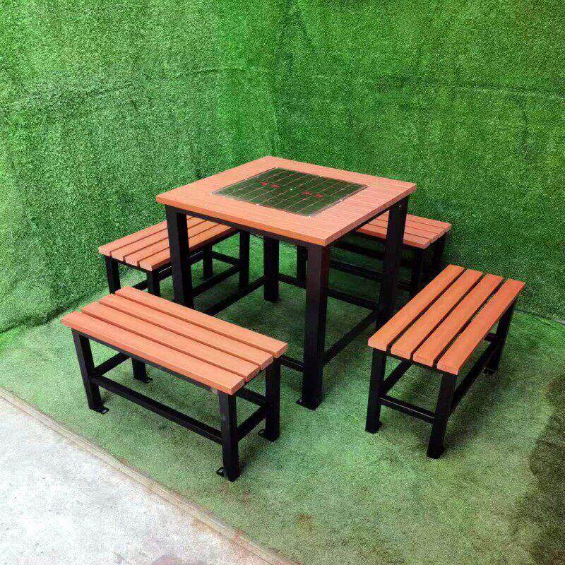 定制户外铁艺连身桌椅防水塑木休闲桌公园组合桌社区实木室外套桌