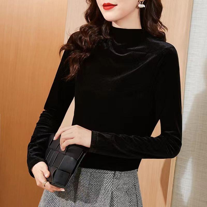 秋冬金丝绒上衣女时尚内搭高贵洋气长袖小衫黑色t恤半高领打1012z