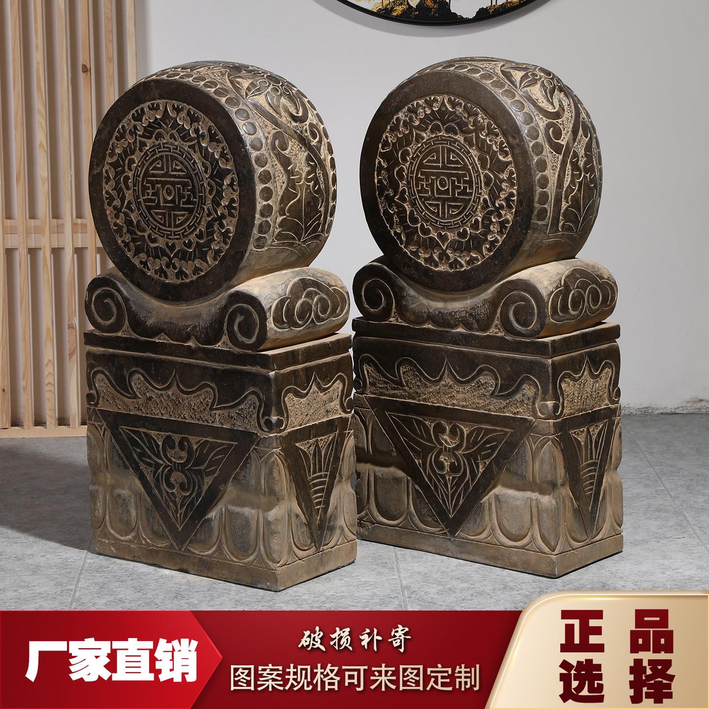 门墩 石雕抱鼓石彷古青石貔貅石狮子沙漠玫瑰抱鼓石一对石门档枕