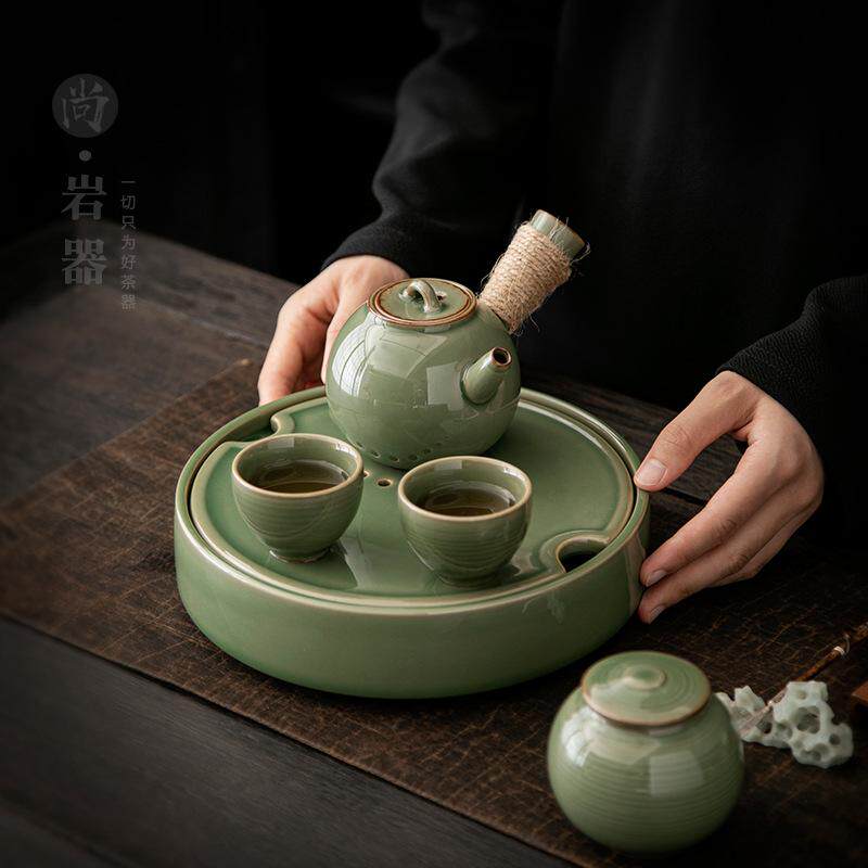 越窑青瓷茶盘圆形储水式泡茶台功夫茶具喝茶干泡盘创意沥水托盘