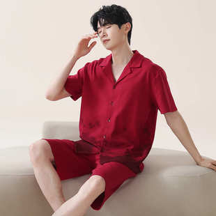男士 开衫 翻领休闲大码 夏 红色家居服套装 睡衣男丝光棉短袖 夏季 短裤