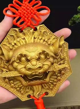 狮咬剑全铜狮子头八卦镜虎头牌兽头挂件睚眦门神摆件狮子咬剑饰品