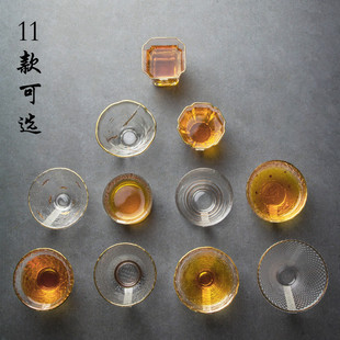 玻璃茶杯茶具品茗杯锤纹主人酒杯茶碗杯子耐热功夫小水杯 描金日式
