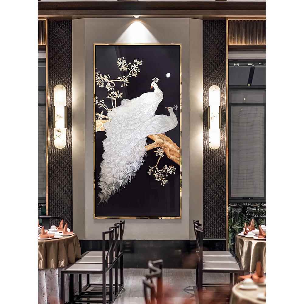 孔雀纯手绘珐琅彩装饰画玄关门厅大气挂画现代新古典立体艺术壁画图片